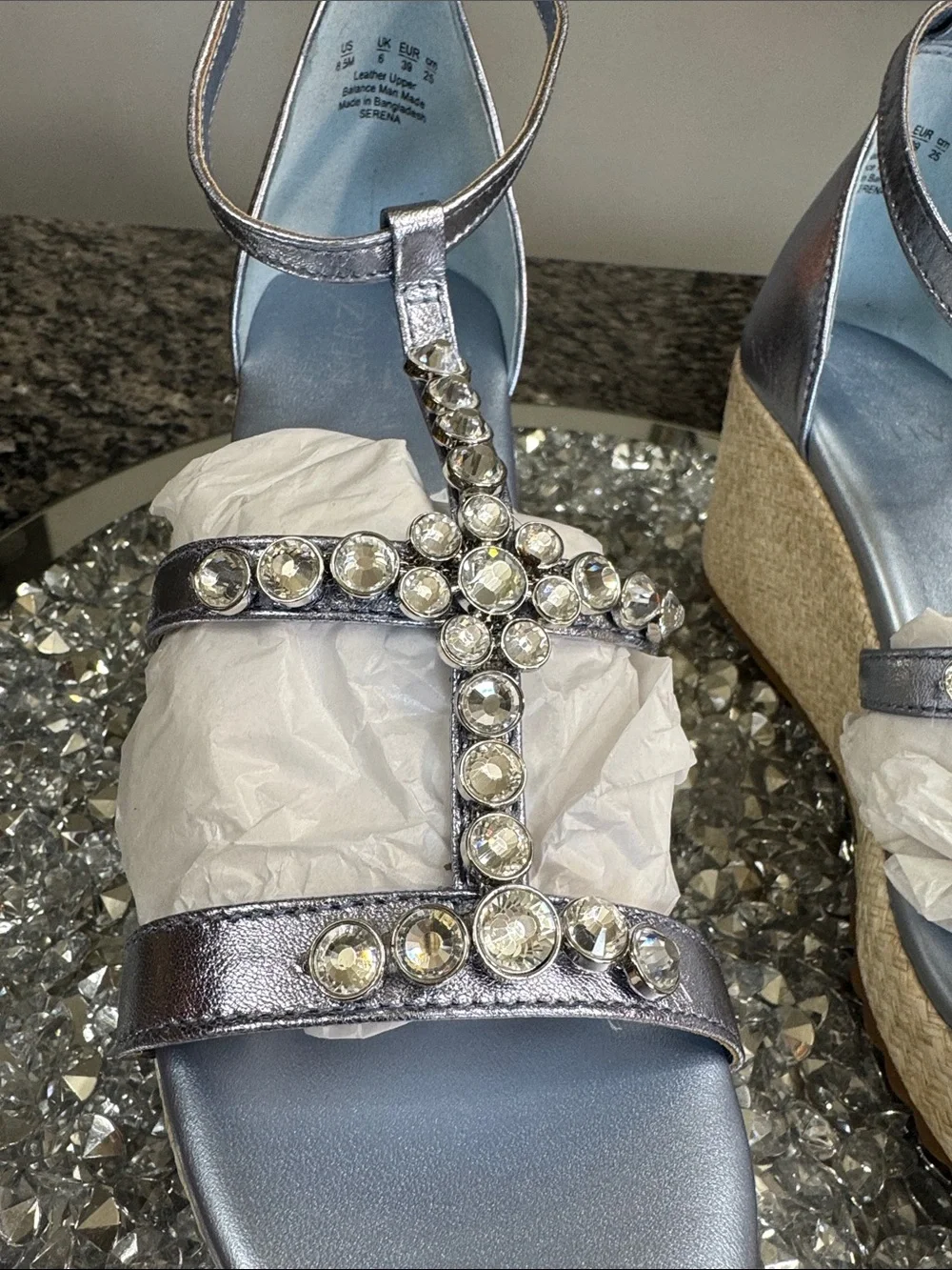 Naturalizer Serena Metallic blue Silver Jeweled Wedge Sandals NEW 8.5